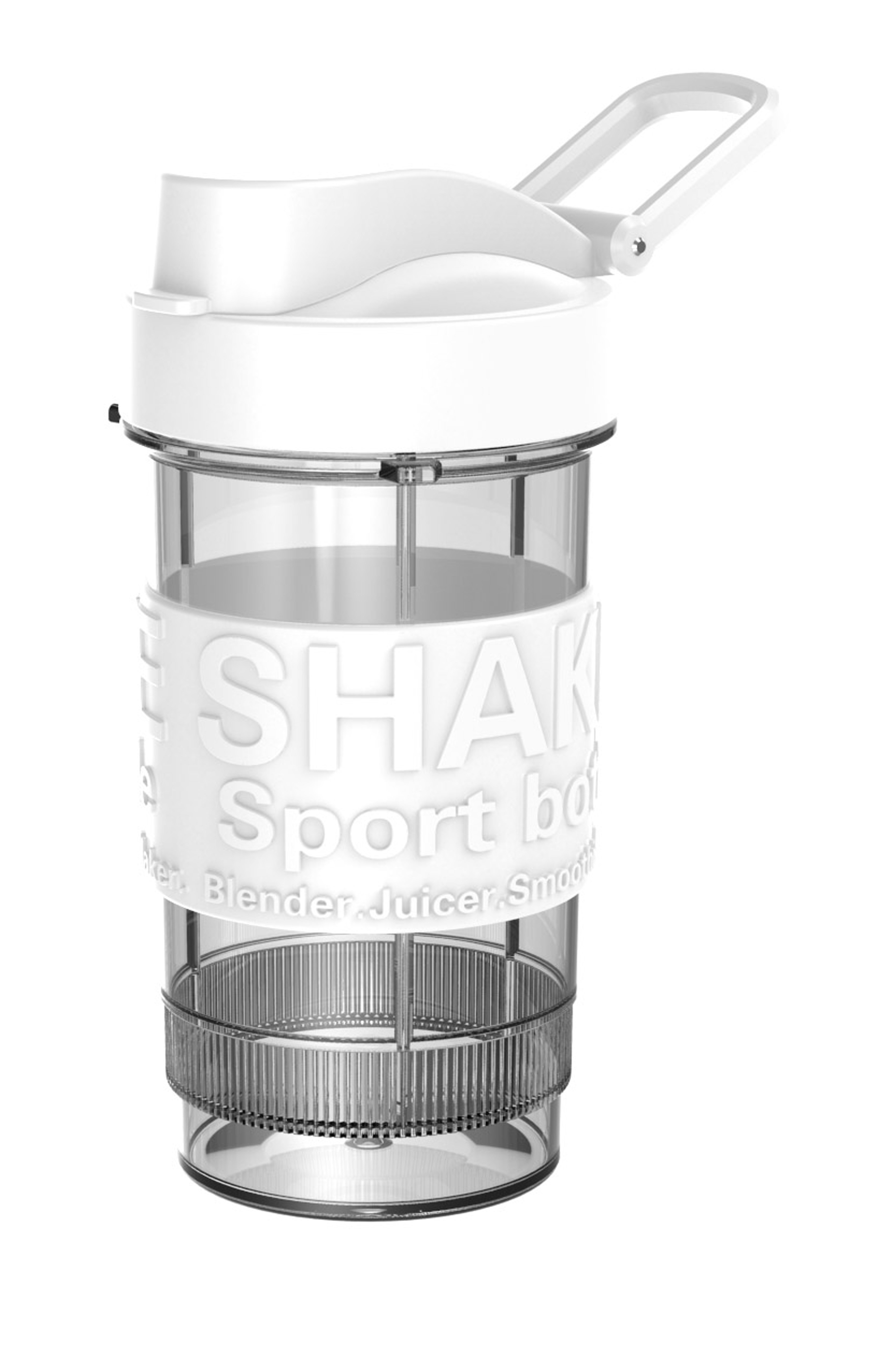 Weiße Sportflasche mit 'SHAKE'-Text und Blender-Funktion.
