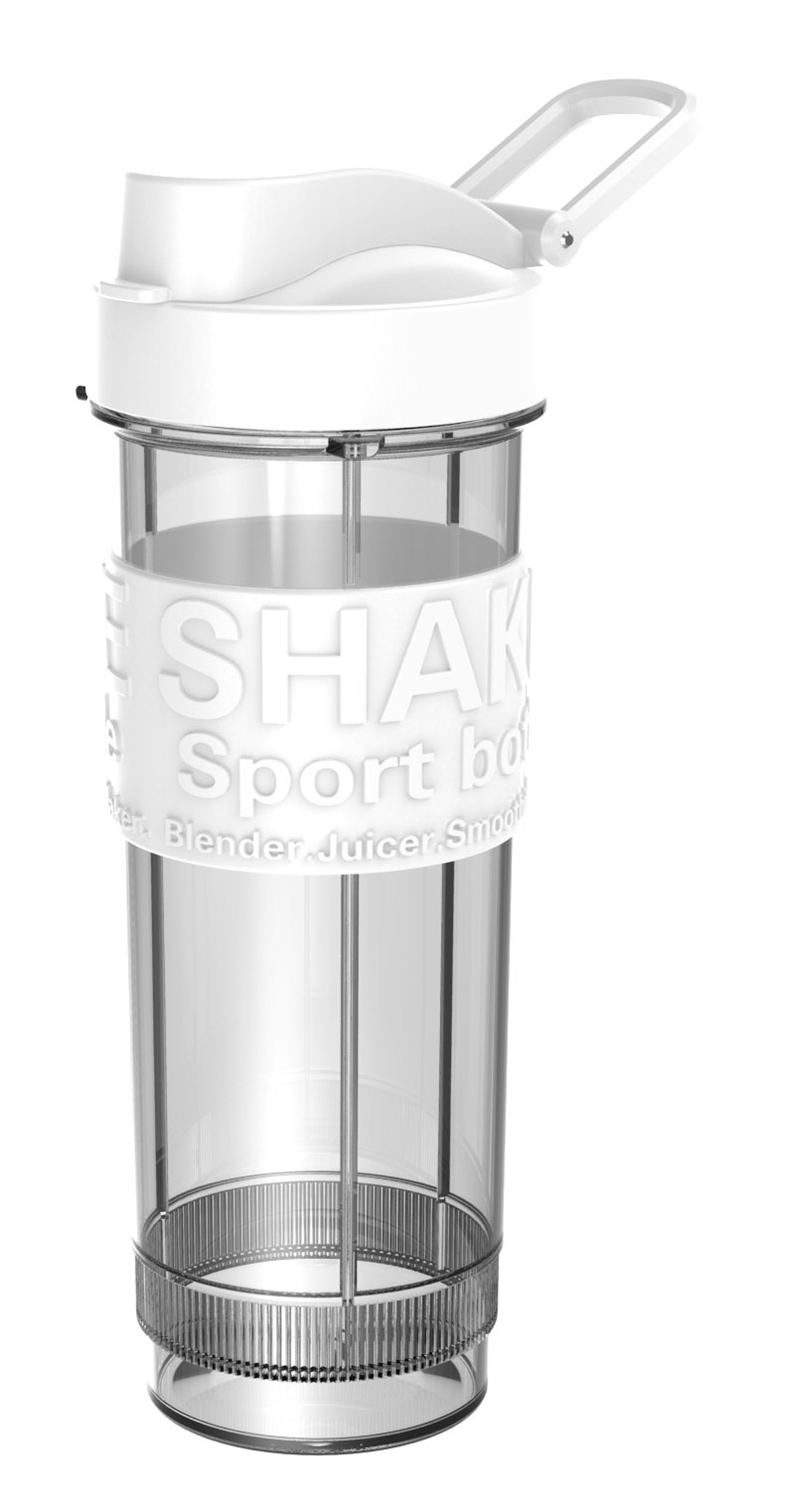 Eine weiße Sportflasche mit transparentem Körper, mit weißem Deckel und Griff.