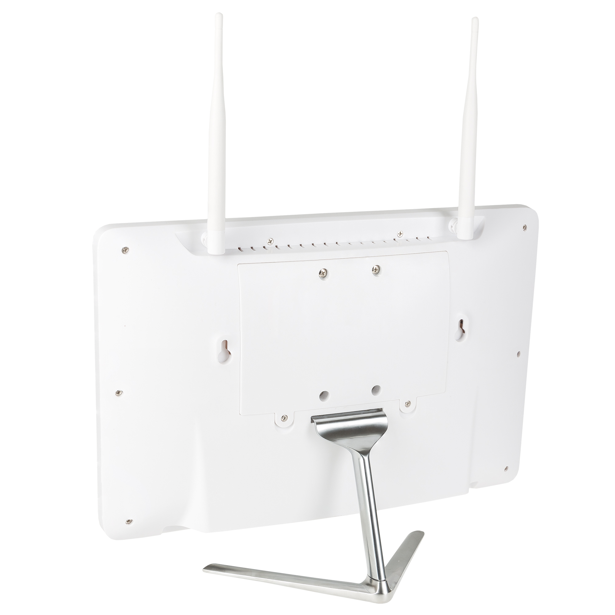 Rückansicht eines weißen Monitors mit Antennen und Ständer.