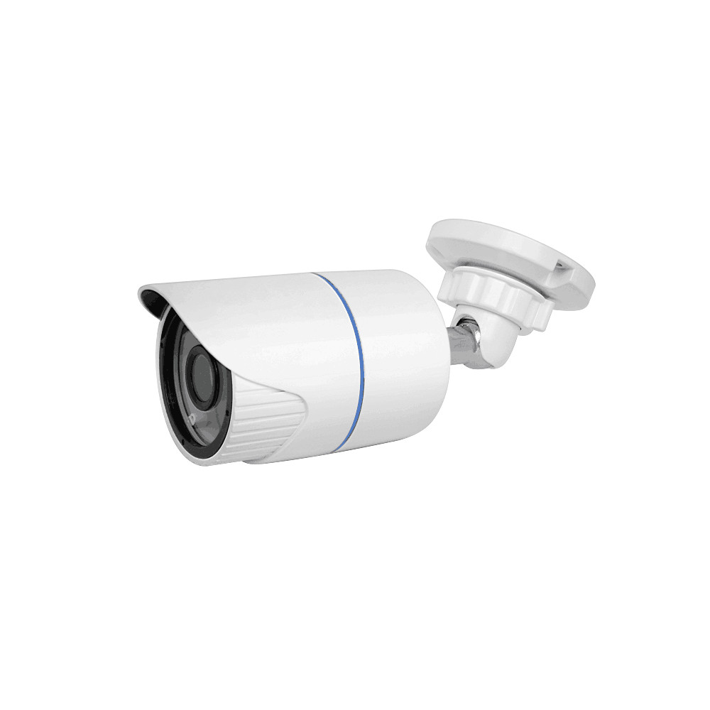 Telecamera di sicurezza bianca con obiettivo nero, montata su un supporto bianco.