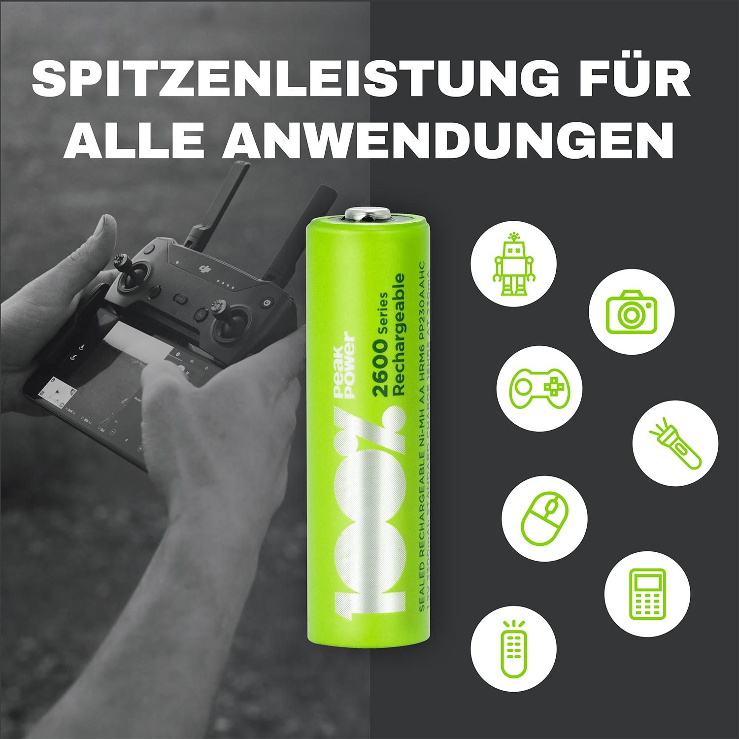 Eine Batterie, eine Drohnensteuerung und Symbole sind sichtbar. Die Batterie ist grün mit weißem Text.