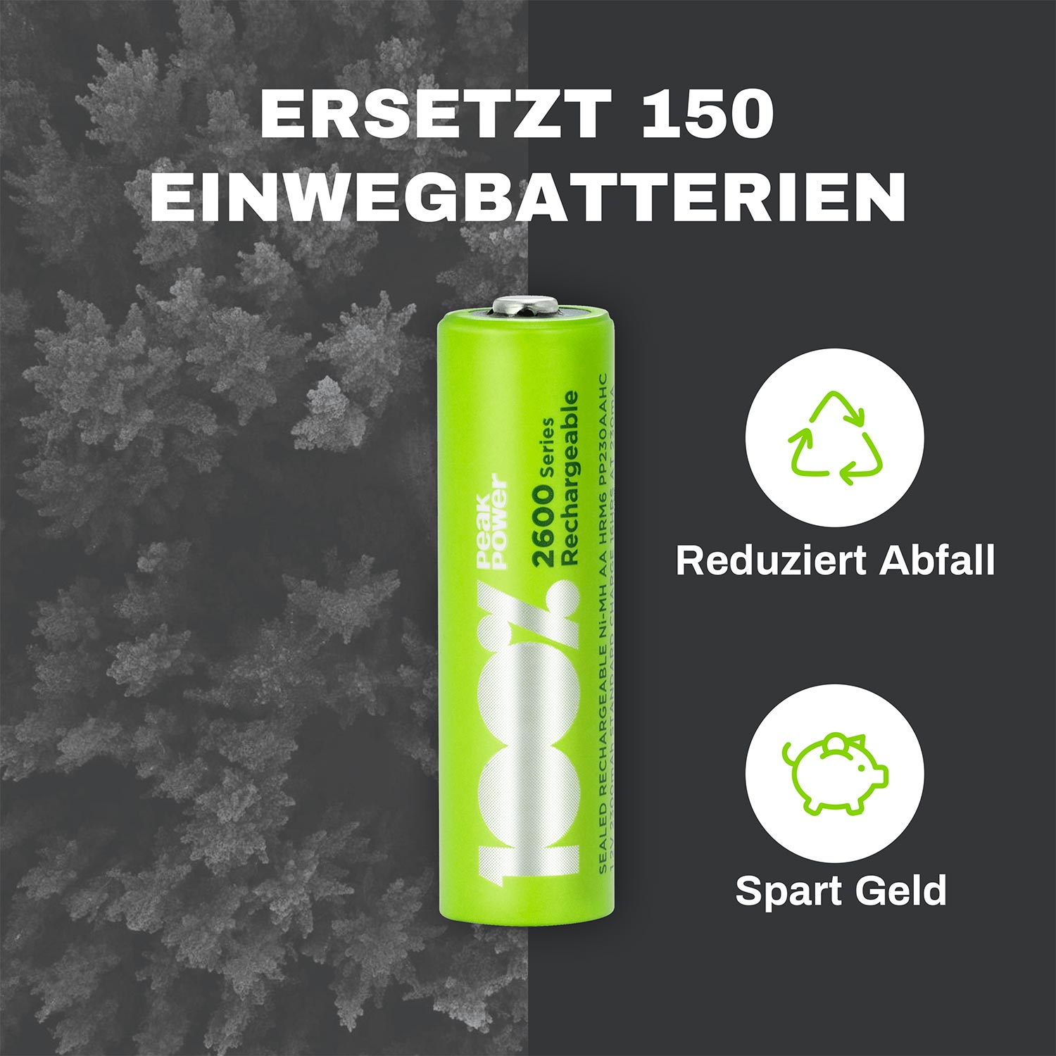 Grüne Akku mit Aufschrift '2600 Series Rechargeable'. Text: reduziert Müll und spart Geld.