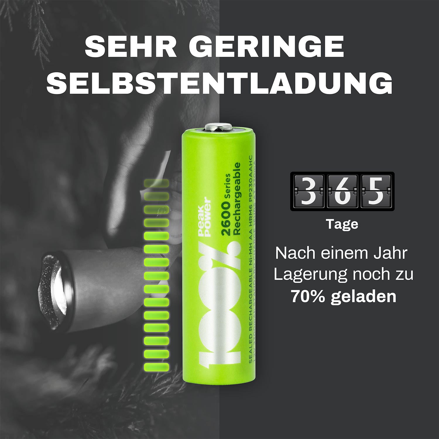 Eine grüne Akku mit Text und Digitalanzeige mit 365 Tagen, neben einer Batterie.