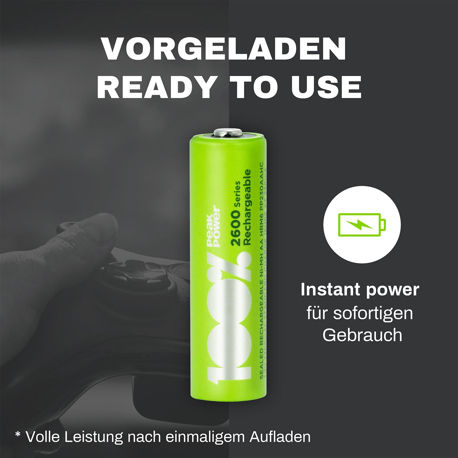 Eine grüne Akku mit weißem '100%' und Text. Schwarzer Hintergrund, mit einer Hand in der Ecke.