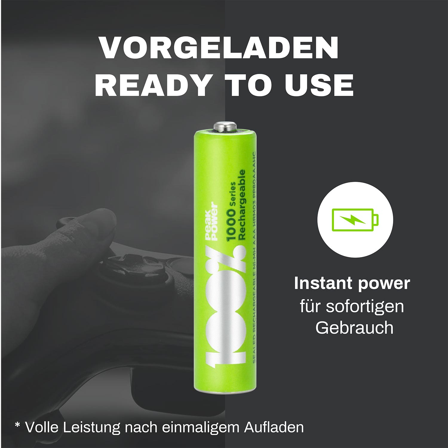 Grüne wiederaufladbare Batterie mit Text. Weißer Hintergrund.