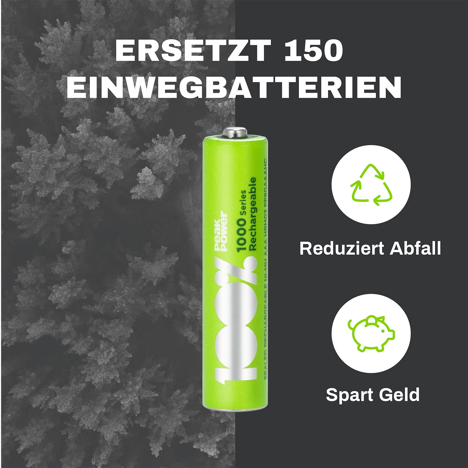 Eine grüne Akku-Batterie mit Text. Der Hintergrund hat ein Graustufen-Baumbild.