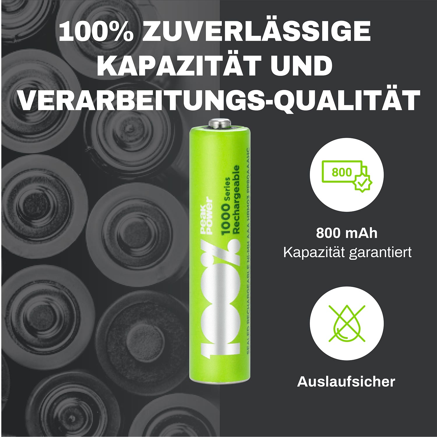 Grüne Akku mit Text und Grafiken. Text lautet: '1000 Series Rechargeable'.