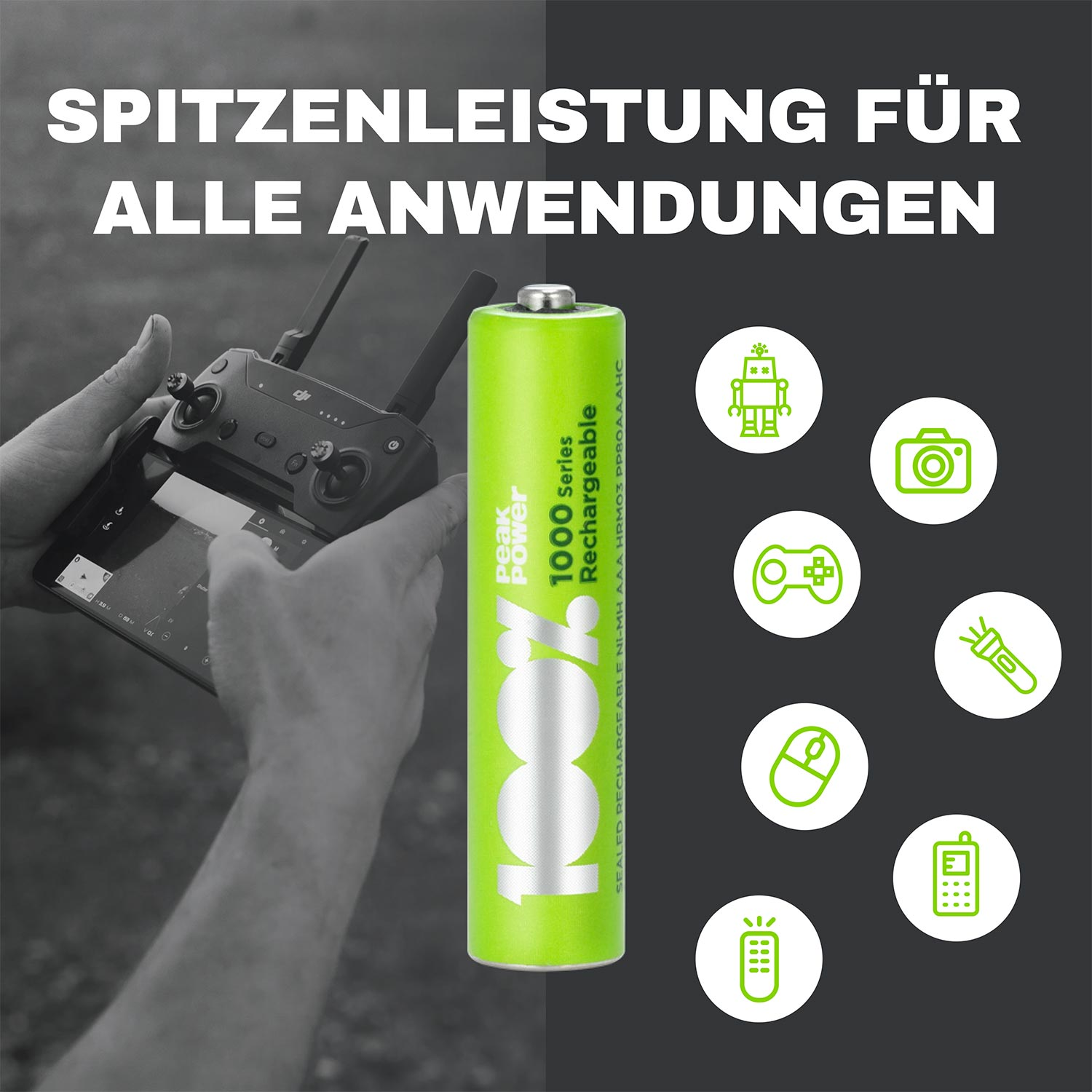 Limettengrüne Batterie mit Text und Symbolen auf weißem Hintergrund. Im Hintergrund wird eine Drohne gesteuert.