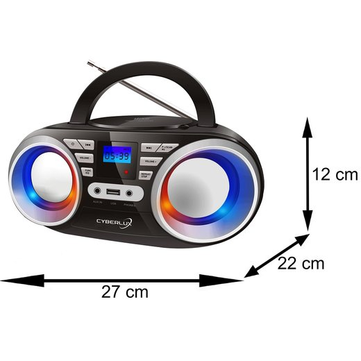 Schwarzer Ghettoblaster mit Knöpfen, Display und Lautsprechern. Schwarzer Griff und Antenne.
