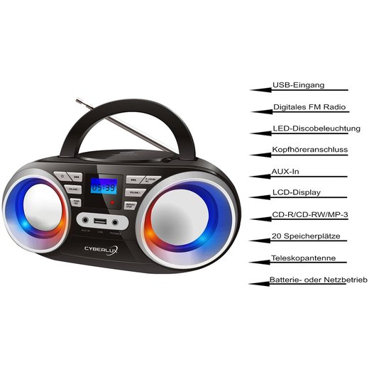 CYBERLUX CL-800 | CD-Player Black | | Tragbarer Boombox LED-Discolichter