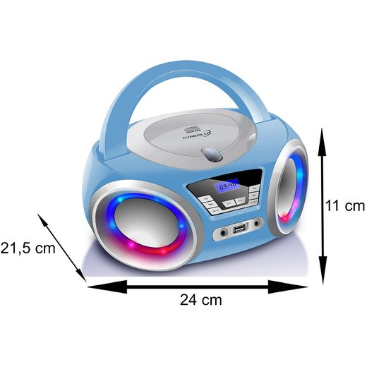 Eine blaue Boombox mit Griff und Abmessungen auf weißem Hintergrund.