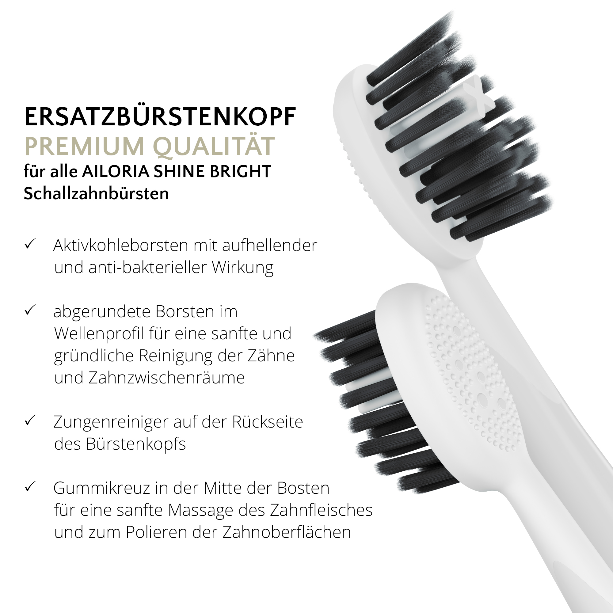 Zwei weiße Zahnbürstenköpfe mit schwarzen Borsten. Text ist mit Produktdetails vorhanden.