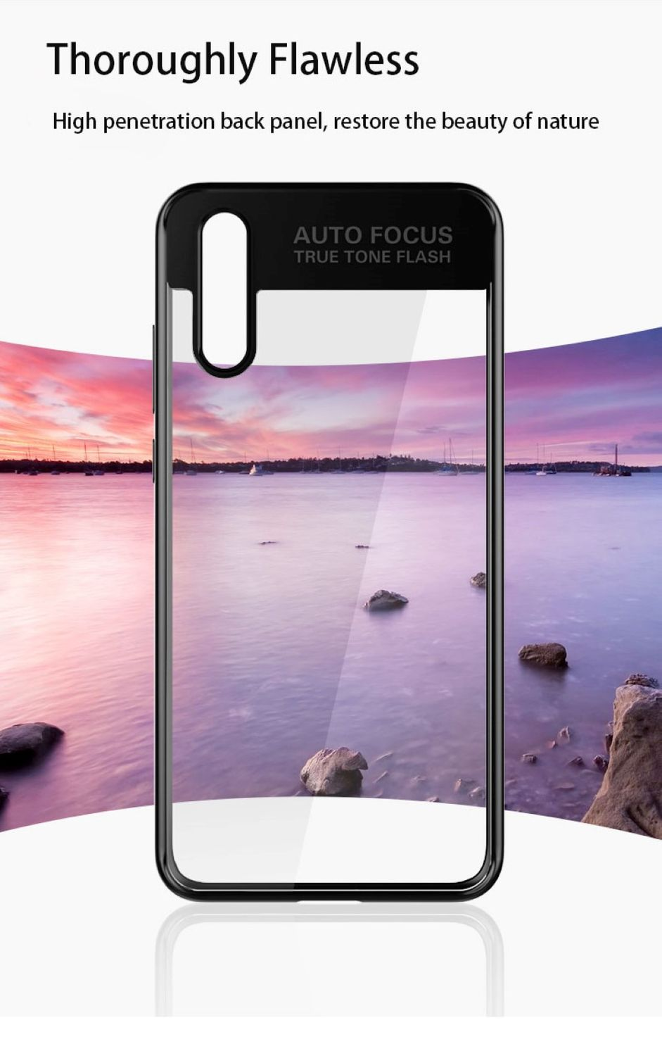 Handyhülle mit Sonnenuntergangsszene. Das Telefon ist schwarz und die Szene ist sichtbar.