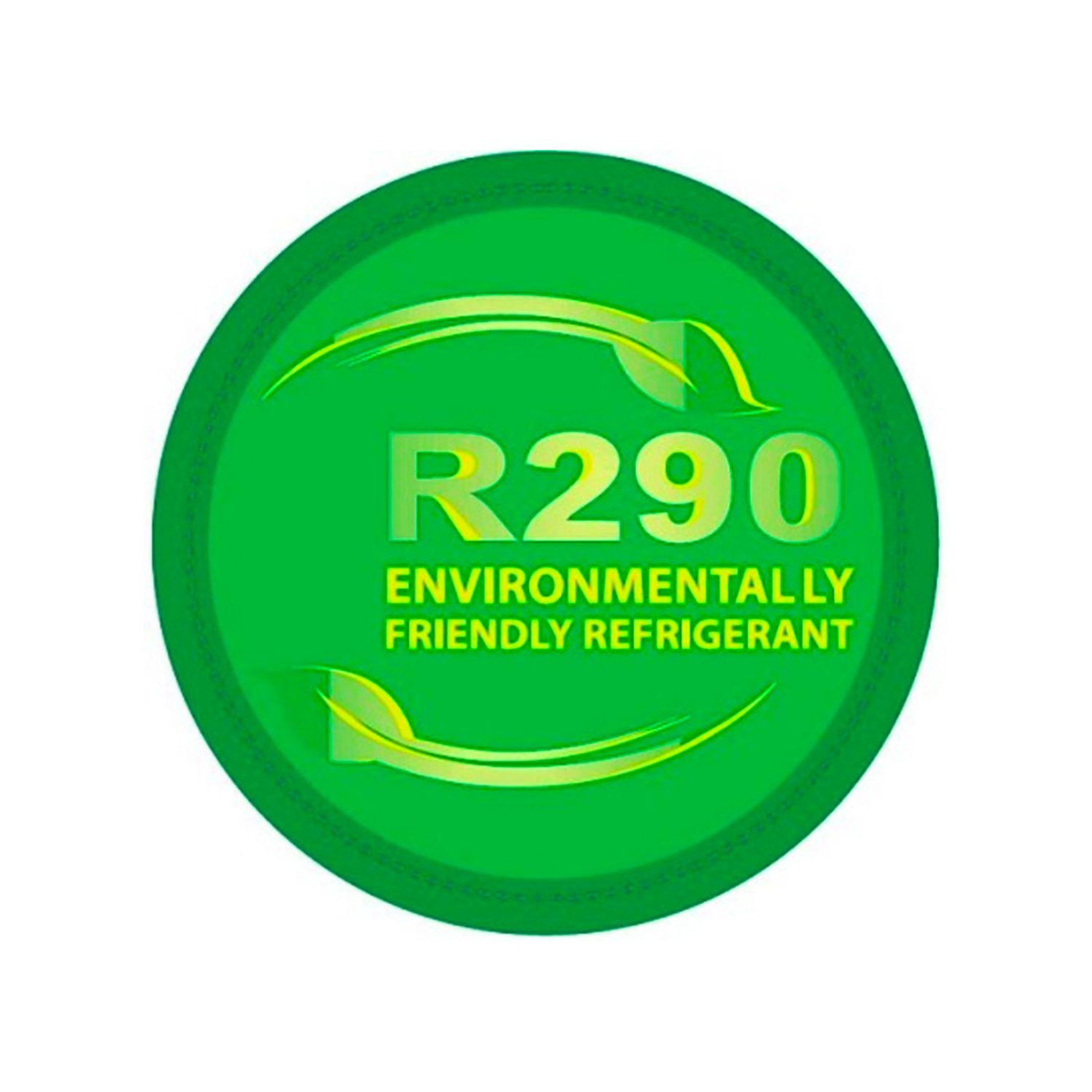 Green circular sticker with 'R290' text and 'Environmentally Friendly Refrigerant' beneath, with leaves.