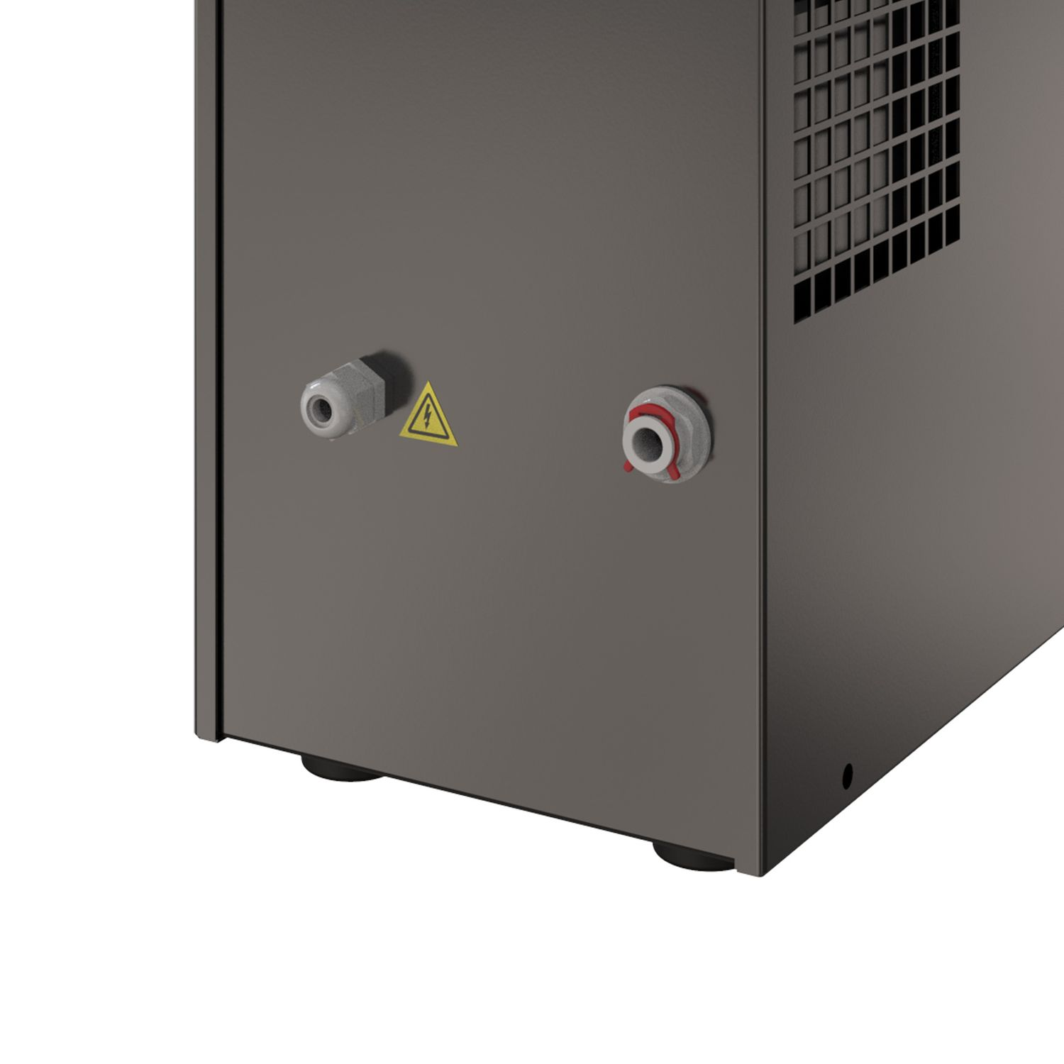 Une machine gris foncé avec deux connecteurs gris, une étiquette d'avertissement et un fond blanc.