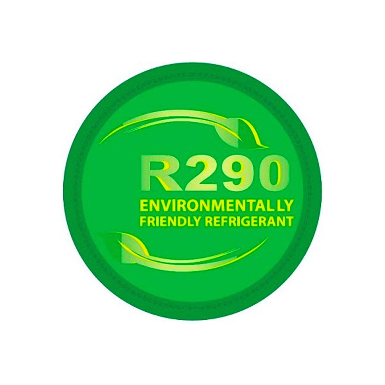 Groen, rond label. Tekst: R290, milieuvriendelijk koudemiddel.