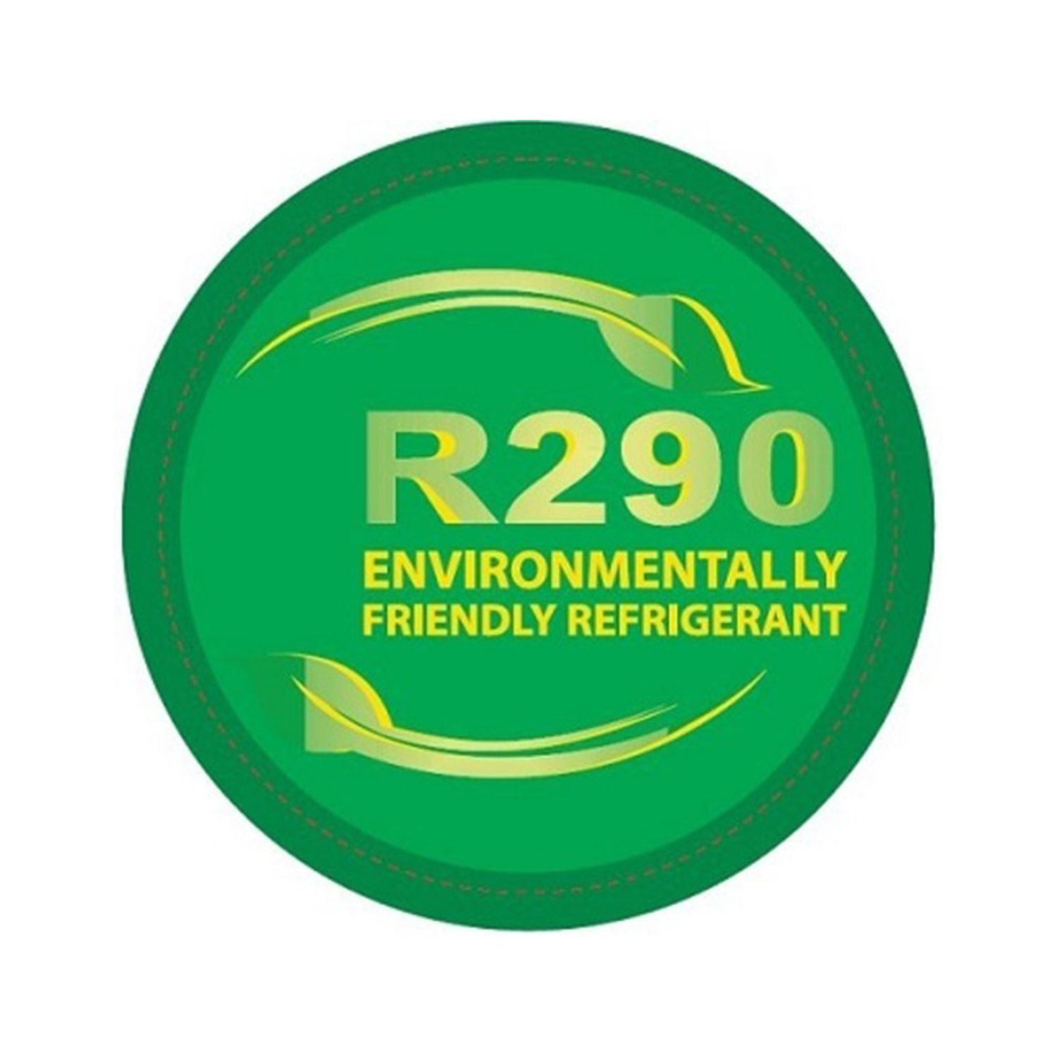 Groene cirkelsticker met tekst 'R290' en 'Milieuvriendelijk Koelmiddel'.