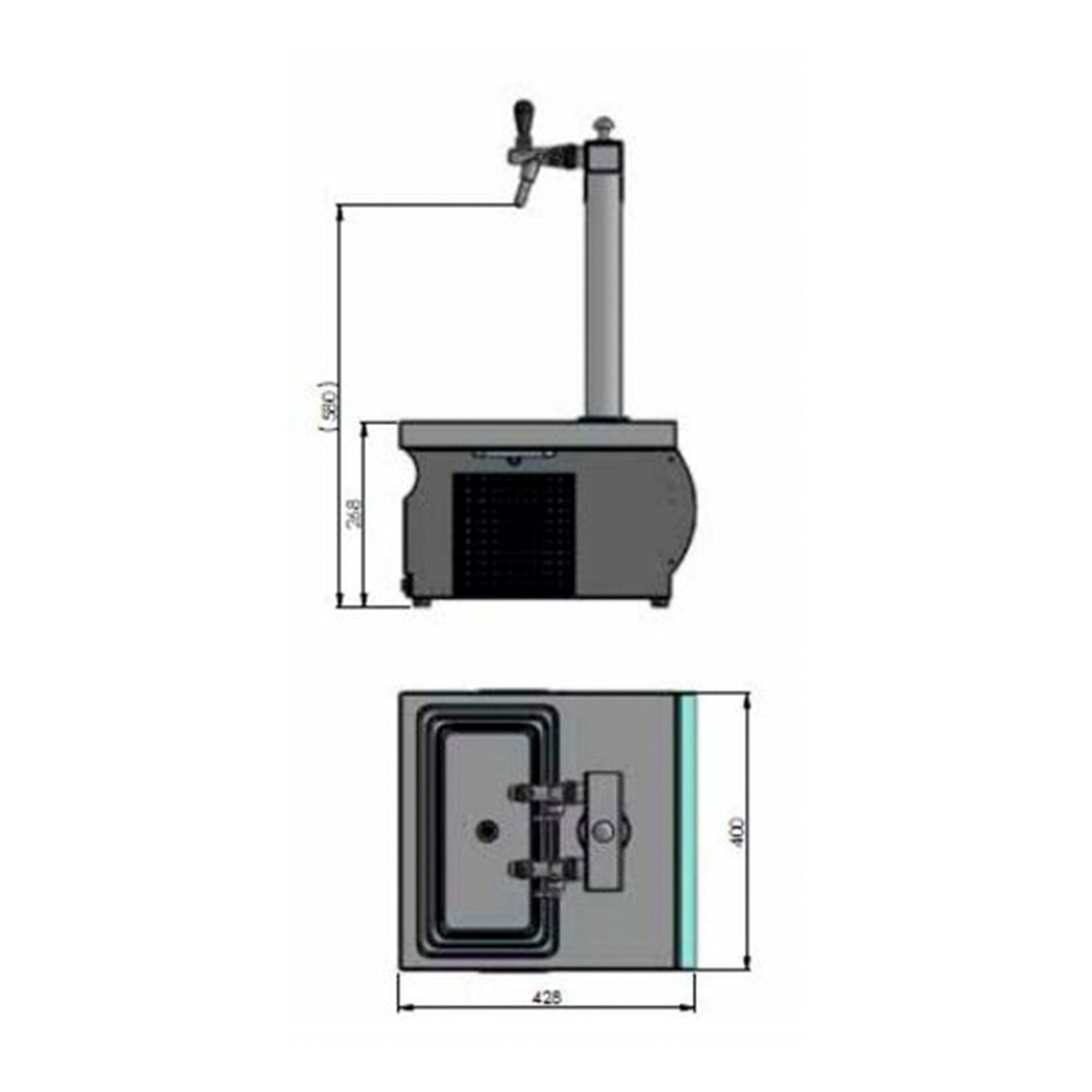 Technische tekening van een biertap, met afmetingen en labels.