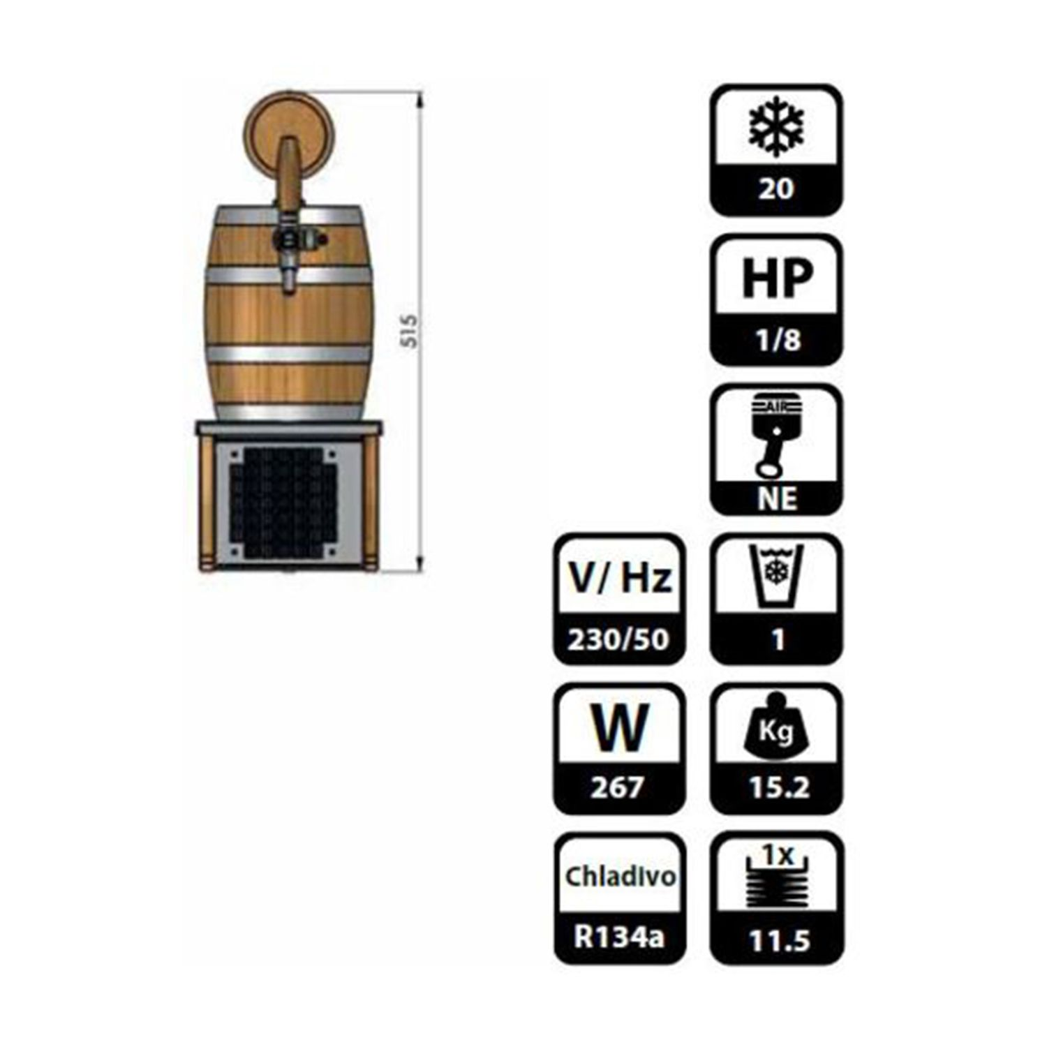 Diagramm eines Holzfasses mit Zapfhahn und Eismaschine sowie technischen Symbolen.