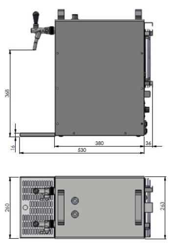 Technische Zeichnung eines Bierautomaten mit Maßen und Beschriftungen.