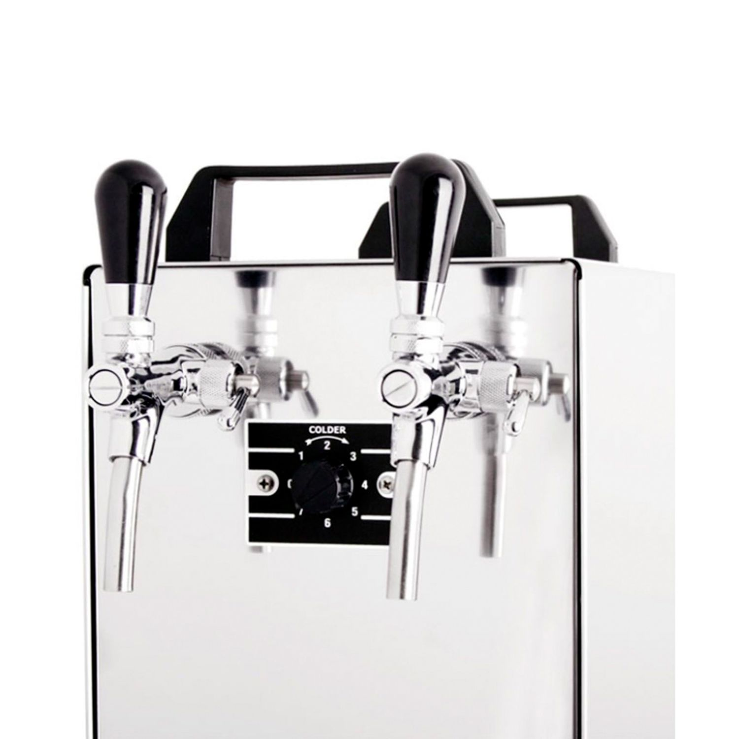 Stainless steel beer tap with two taps. Features a temperature control dial from cold to warmer.