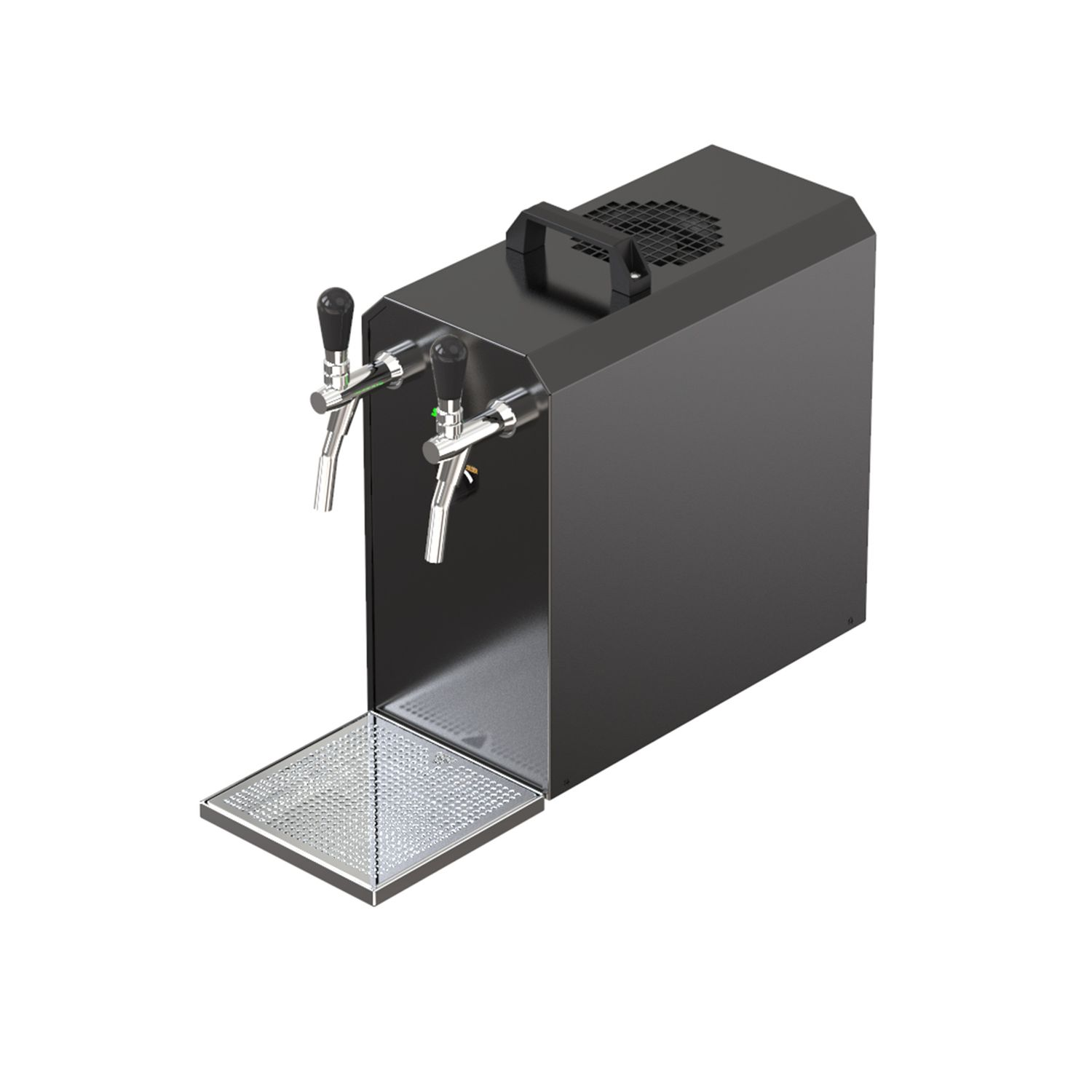 Zwarte tapbierdispenser, met twee kranen en een lekbak.