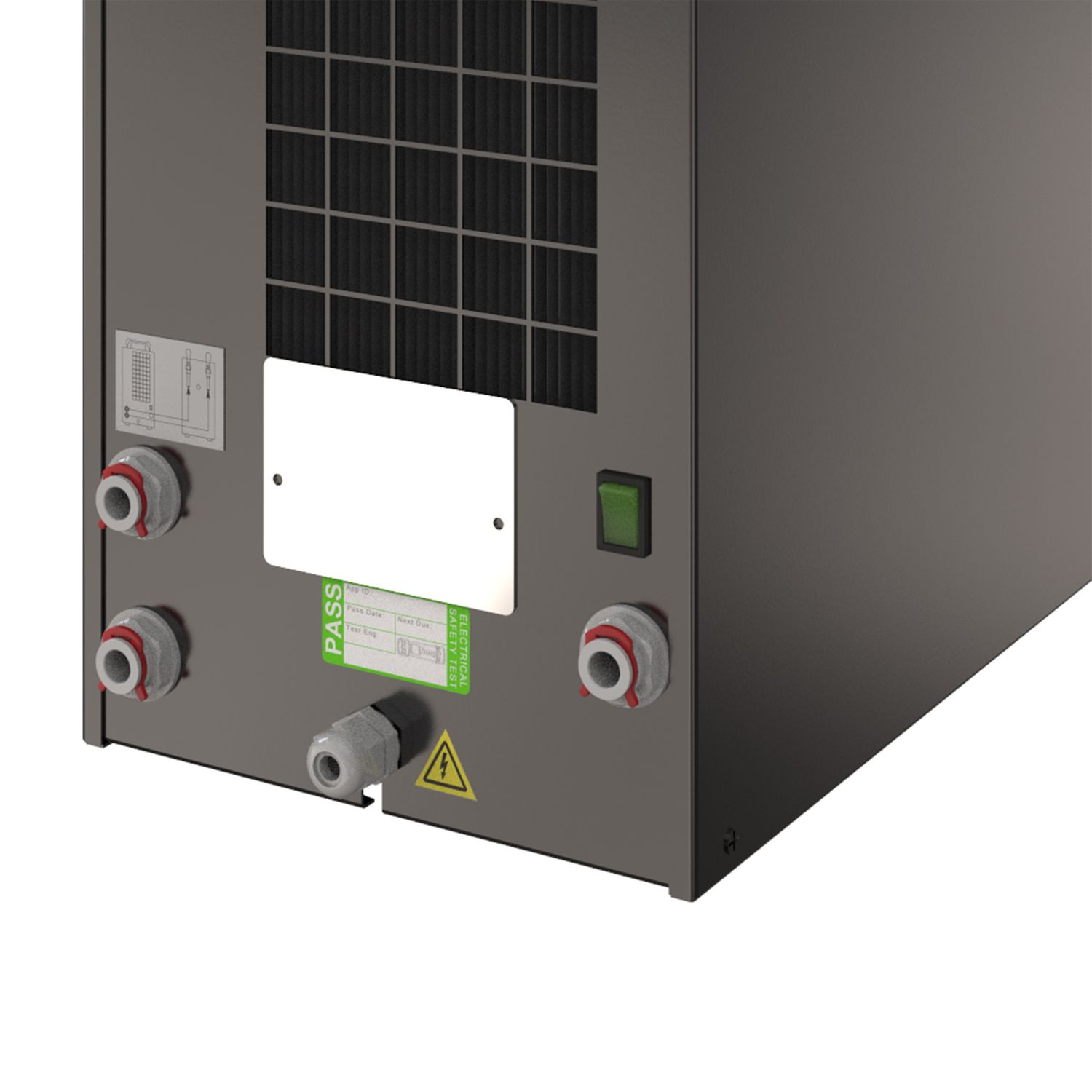 Grijze machine achterkant met ventilatieopeningen, poorten, een passticker en een groene schakelaar.
