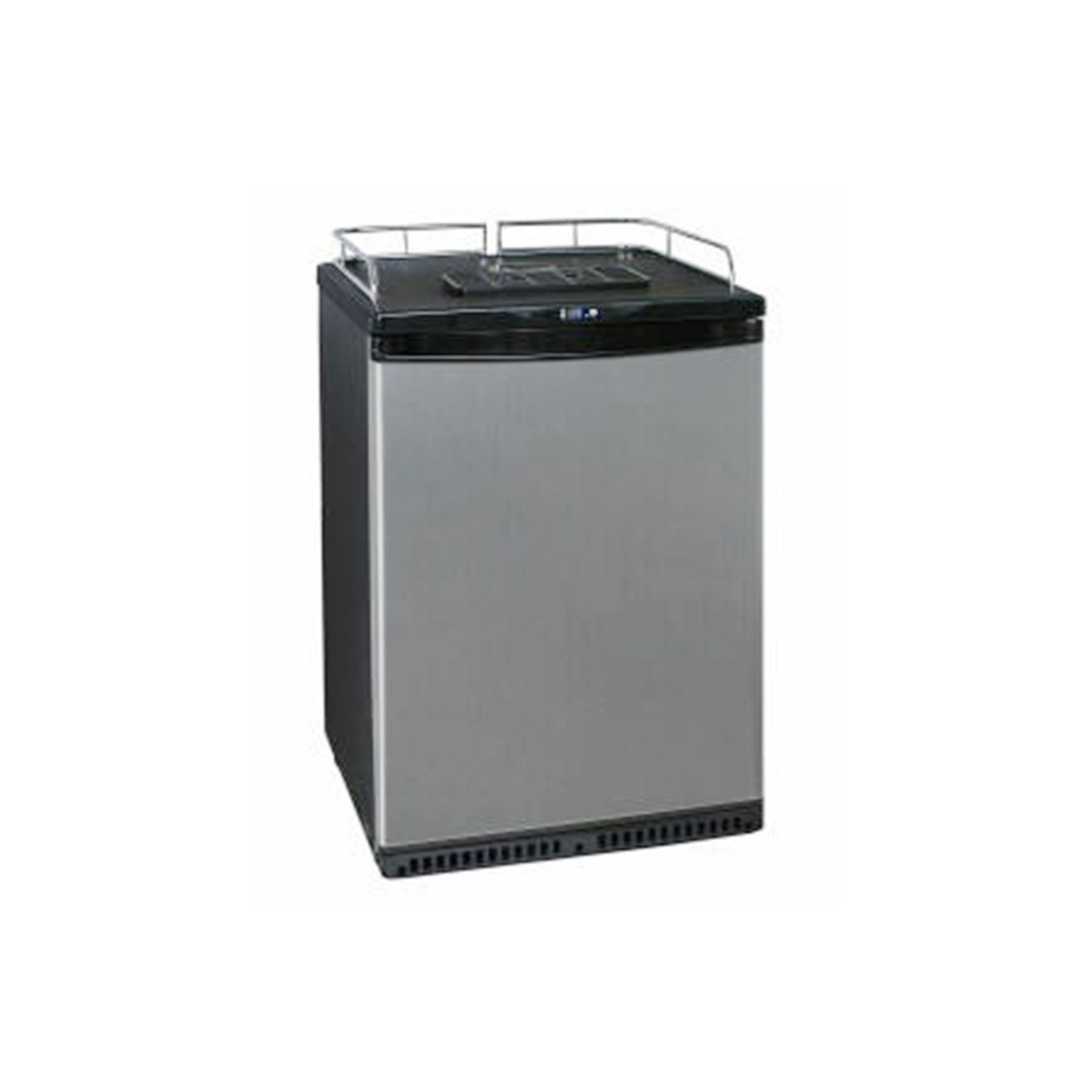 Silver refrigerator with black top. A rack is on top. It is on a white background.