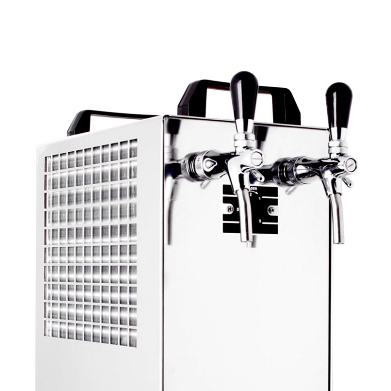 A stainless steel beer dispenser with two taps and a handle.