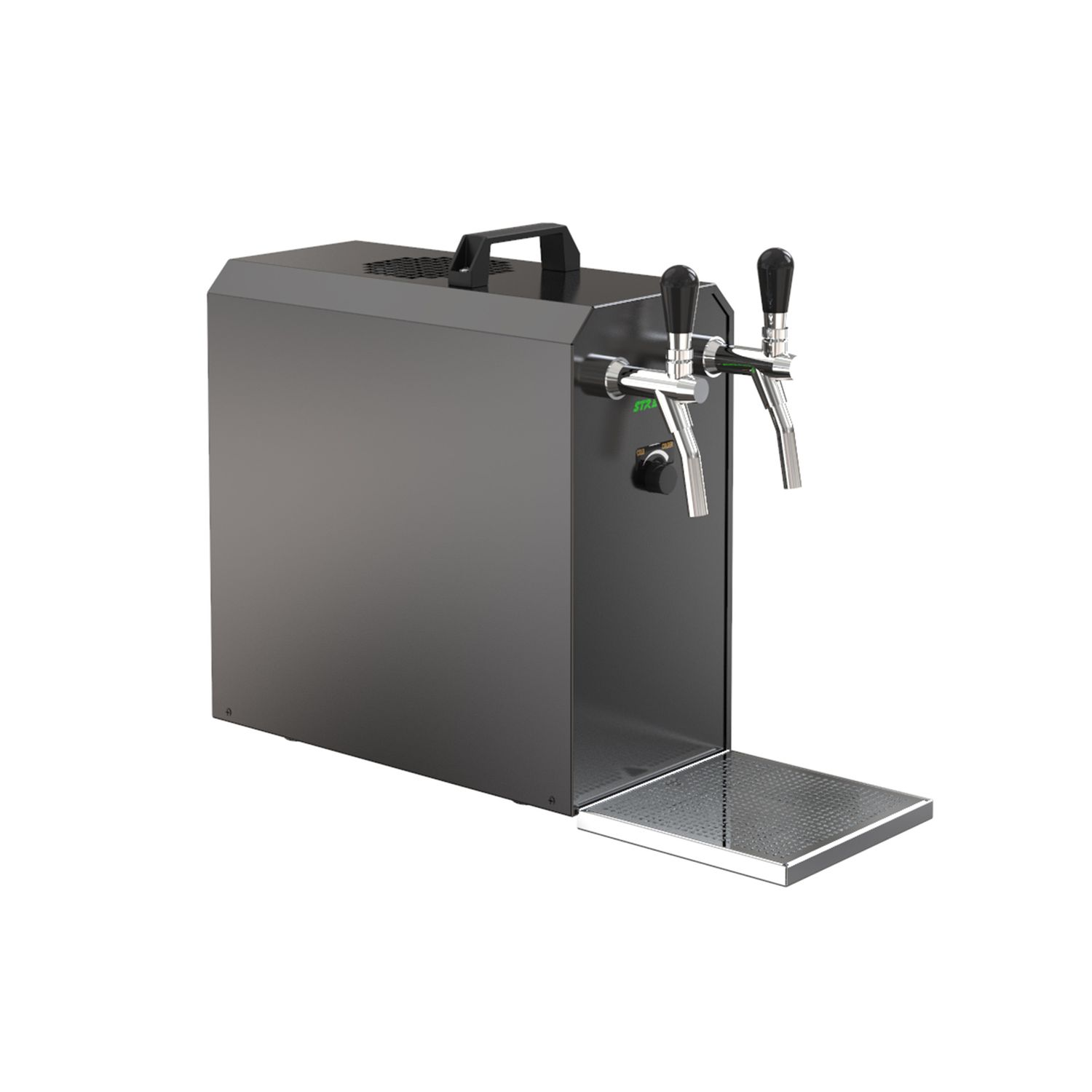 Donkergrijze biertap met twee kranen, een lekbak en een zwarte handgreep.