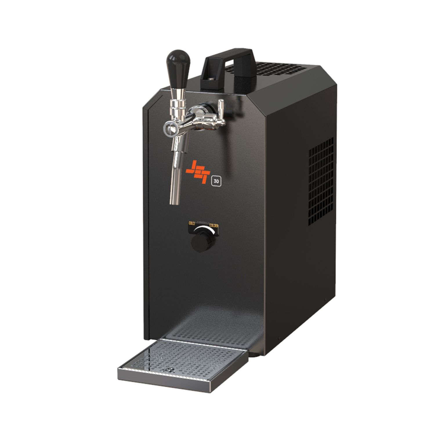 Machine à bière noire avec poignée, robinet et bac d'égouttement. Possède un écran numérique et des boutons.