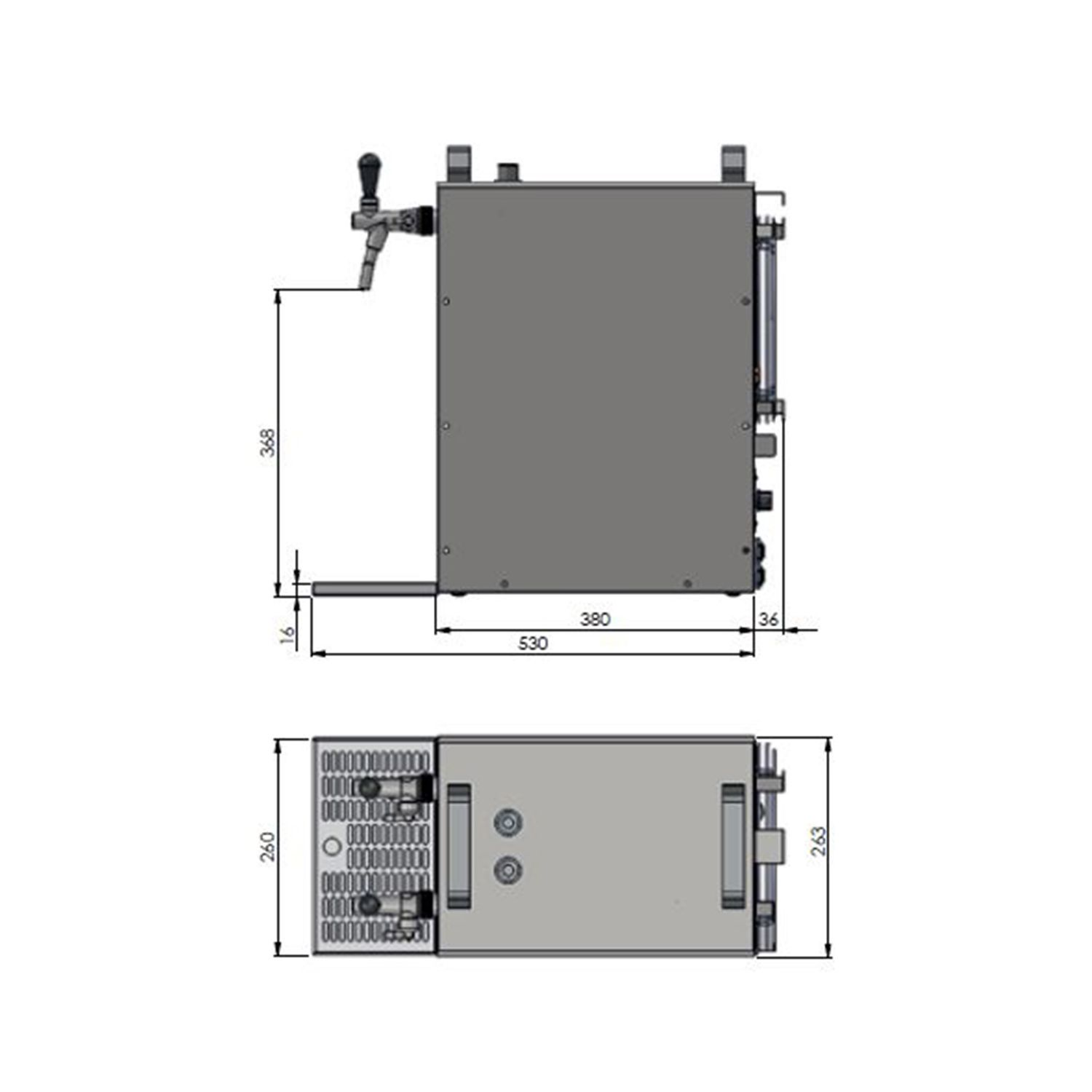 Dessin technique d'un distributeur de bière, vue de dessus et de côté avec dimensions.