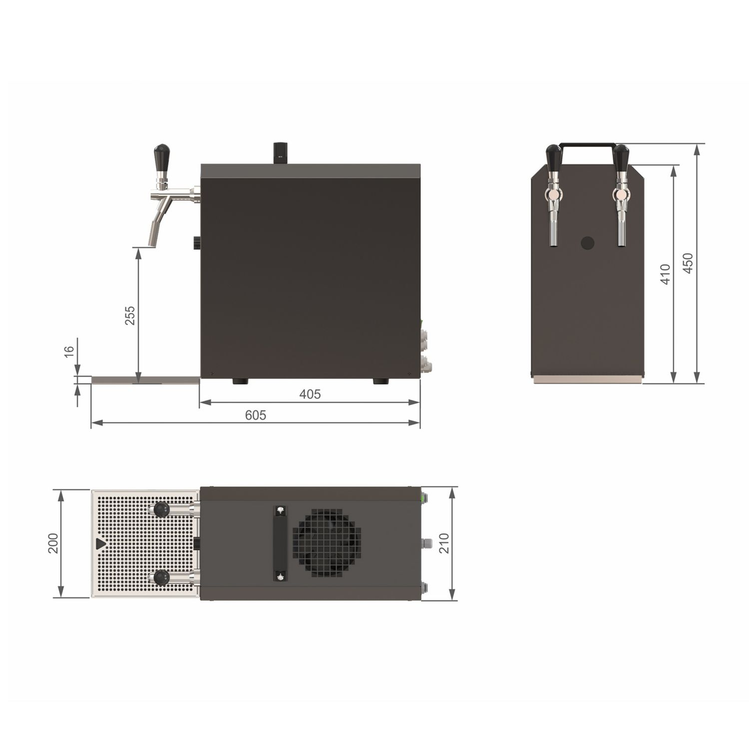Diagram van een tapbierdispenser. Toont afmetingen en details. Witte achtergrond.