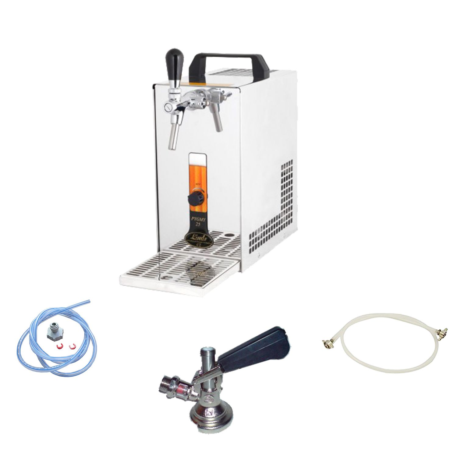 Witte biertap met kranen, lekbak en accessoires: slang, tapkraan, connector.