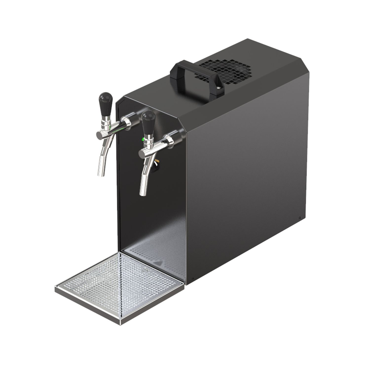 Een zwarte biertapmachine met twee kranen, handvat en een lekbak.