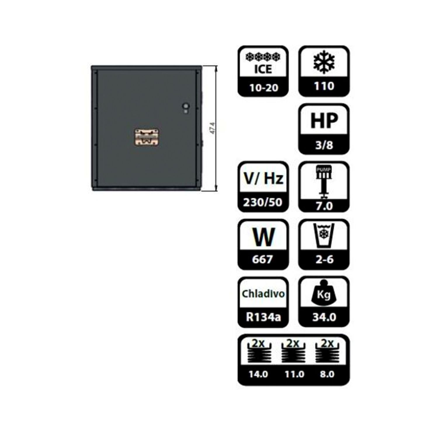 Diagramma tecnico di una macchina con etichette, dimensioni e specifiche.
