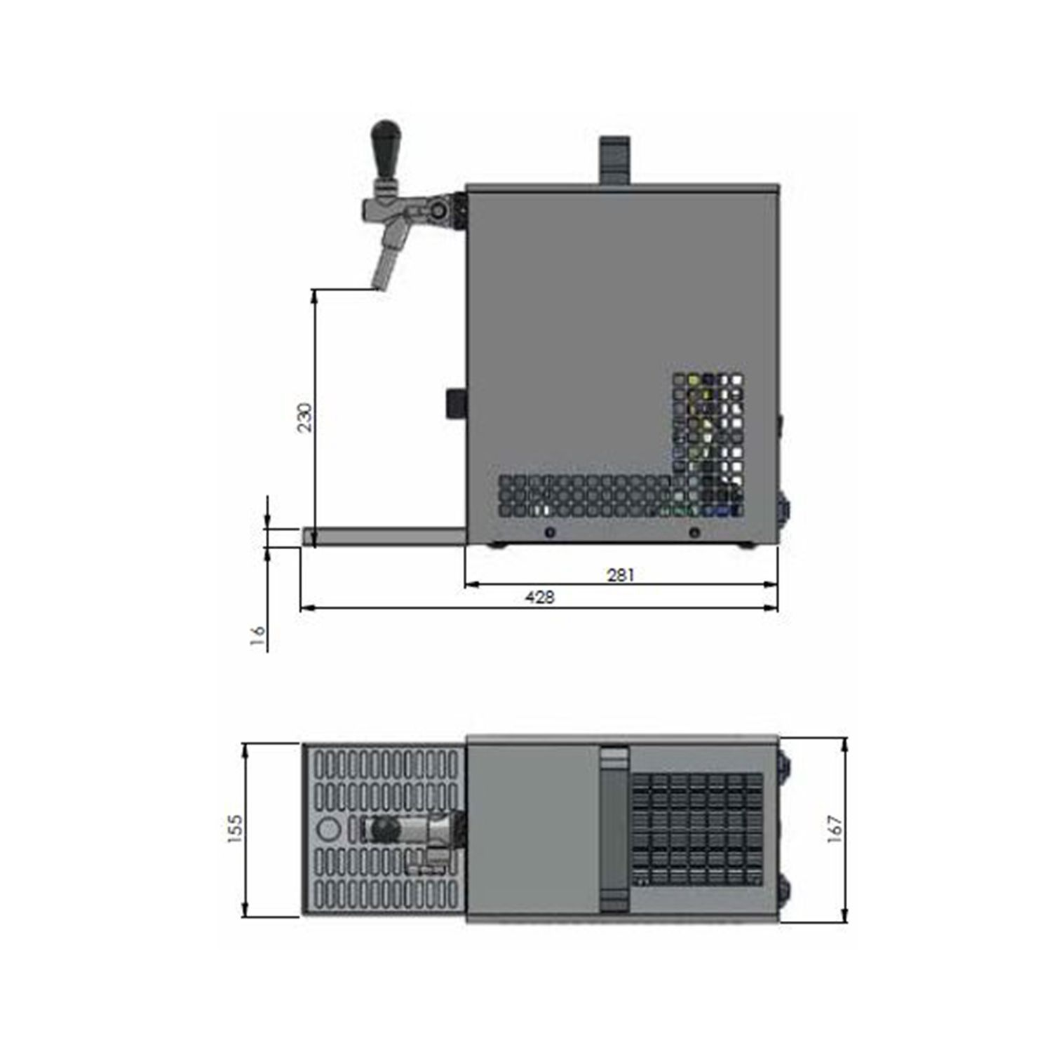 Ein Diagramm einer grauen Maschine mit Text und Abmessungen. Text enthält Messungen in mm.