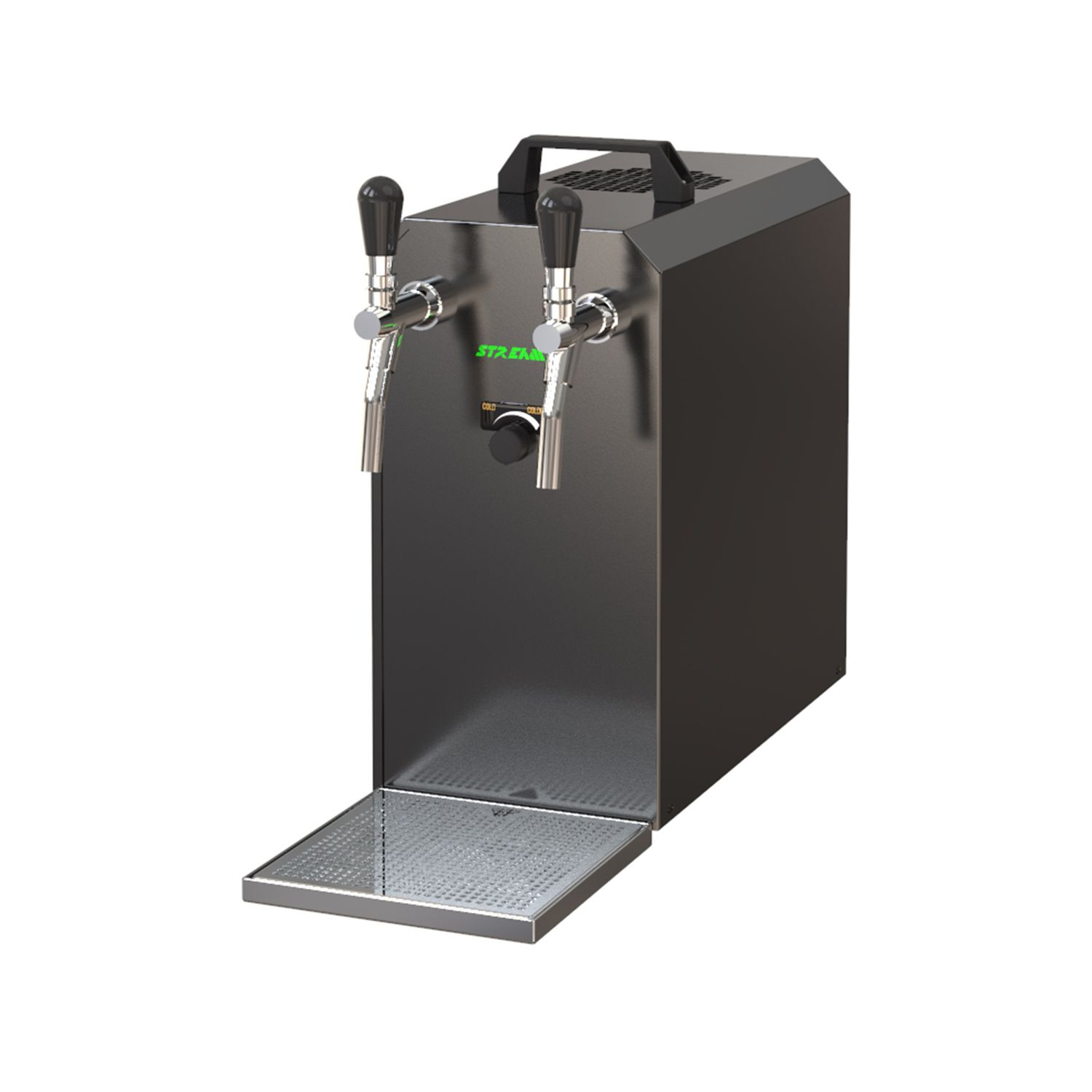 Machine à bière en acier inoxydable avec deux robinets et un bac d'égouttement.