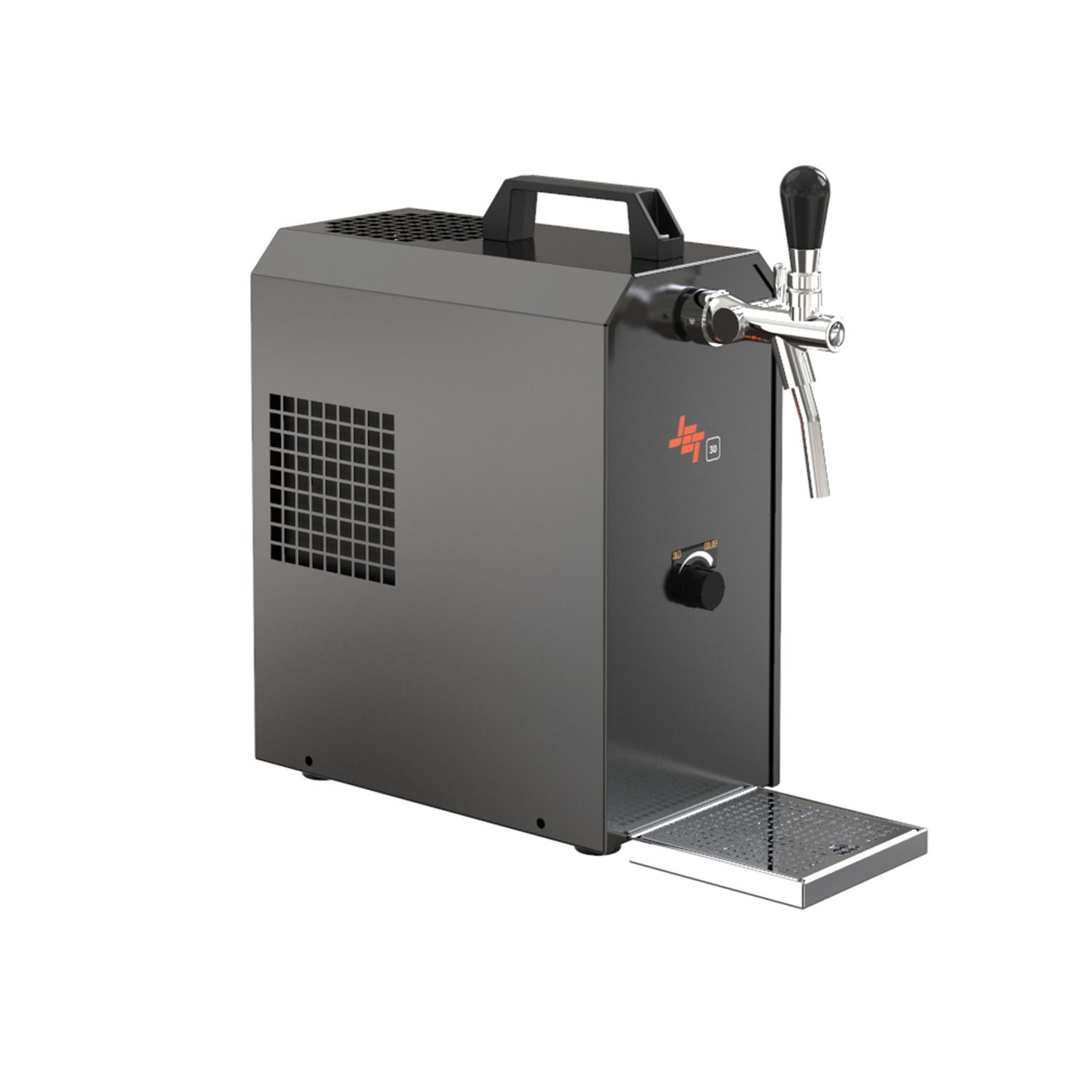 Grijs biertapsysteem met een tap, handvat en bedieningselementen. Een lekbakje aan de onderkant.