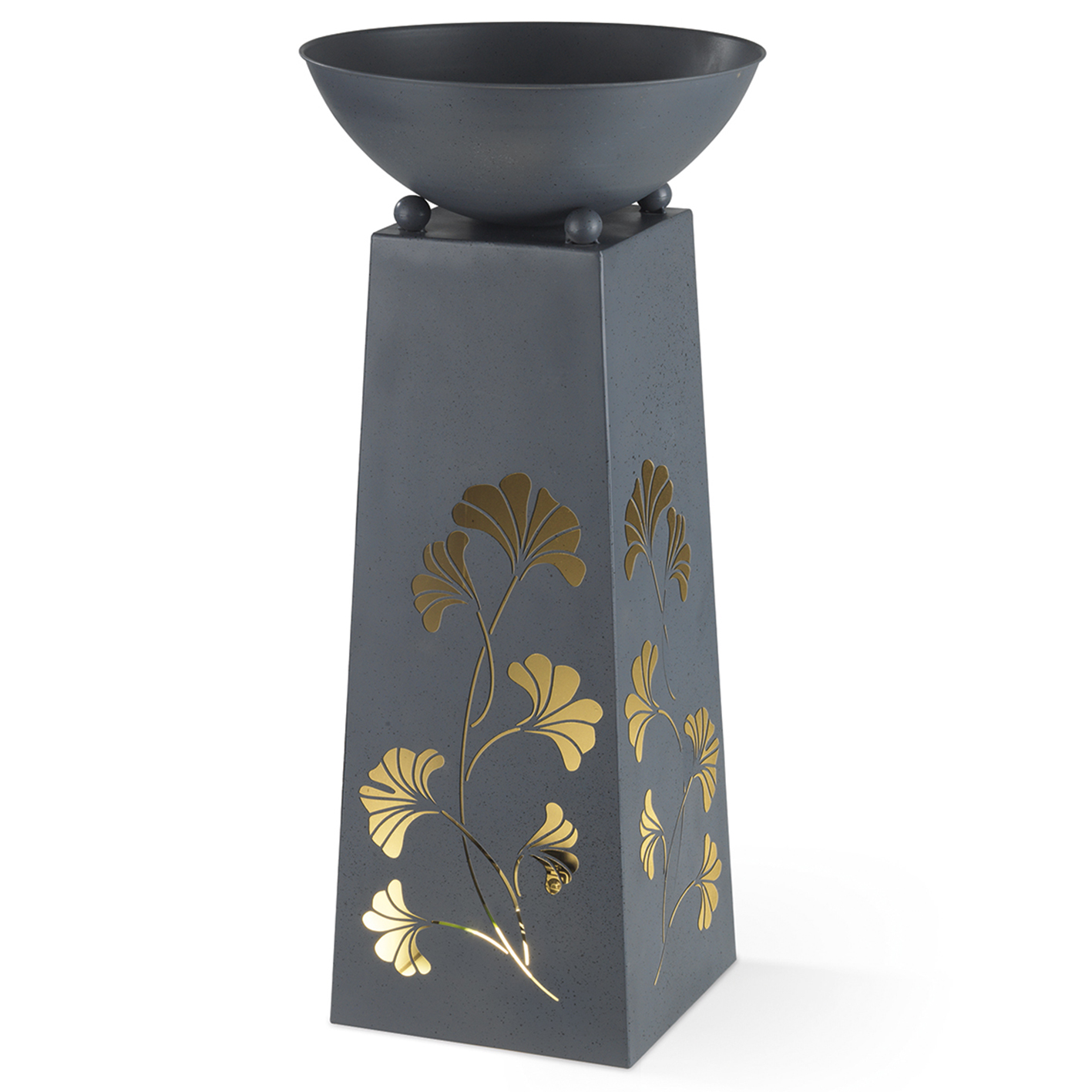 Ein dunkelgrauer Sockel mit Blattgold-Design und Schale, weißer Hintergrund.