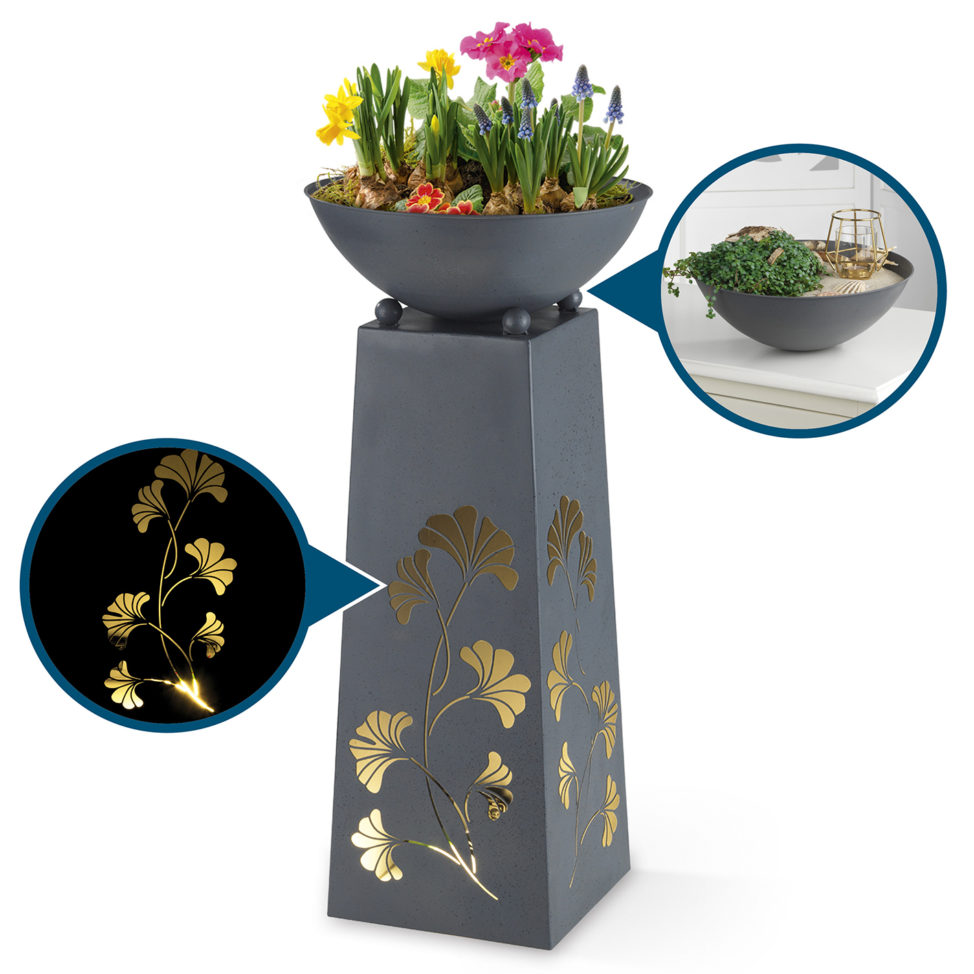 Ein Blumengesteck mit Sockel, goldene Details.