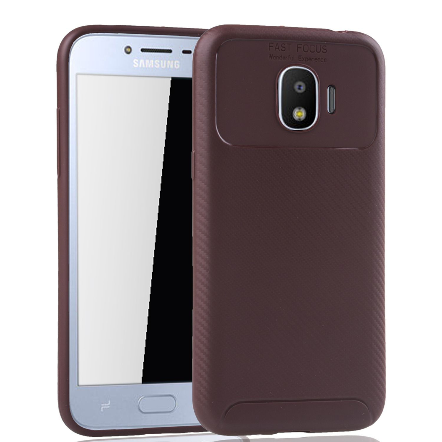 Ein Samsung-Handy mit burgunderroter Hülle und weißem Bildschirm, auf weißem Grund.