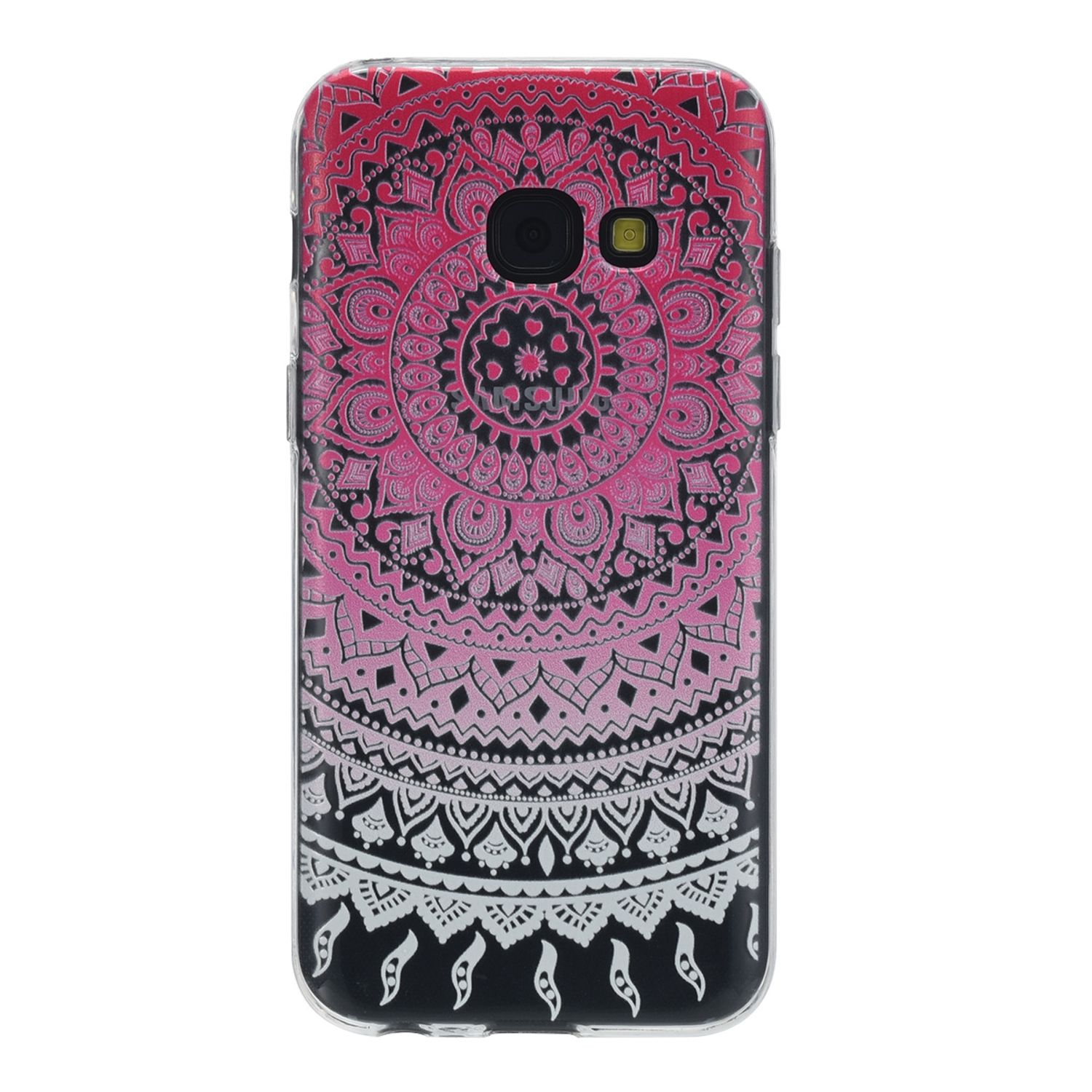 Handyhülle mit einem rosa, schwarzen und weißen Mandala-Design.
