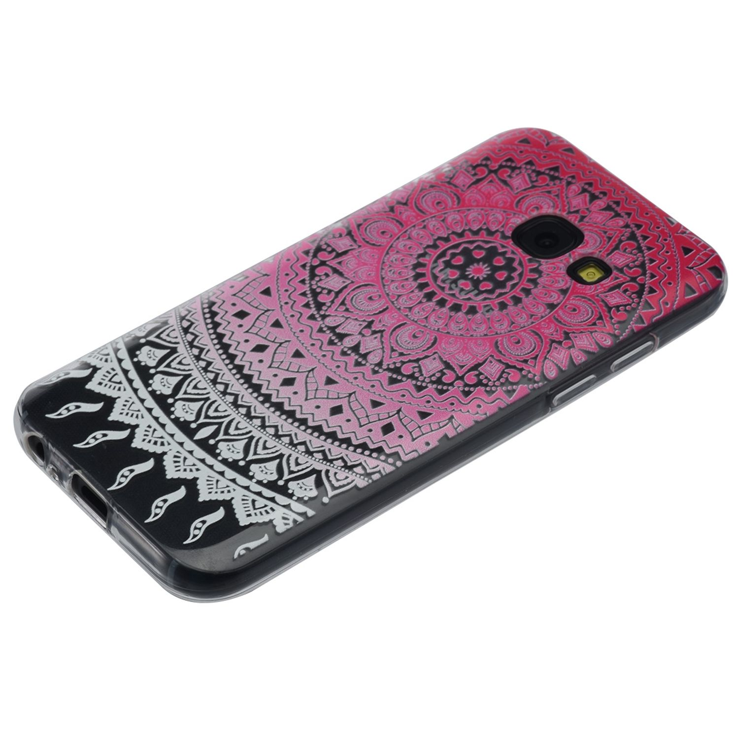 Rosa-schwarze Handyhülle mit Mandala-Design auf weißer Oberfläche.