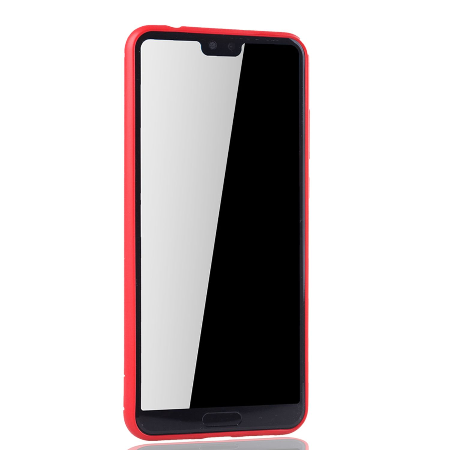 Rote Handyhülle auf einem schwarzen Telefon. Der Bildschirm ist weiß. Weißer Hintergrund.