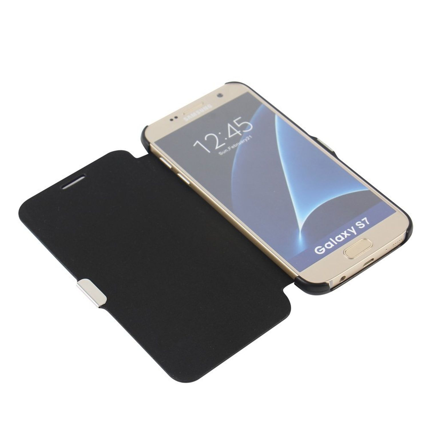 Ein Samsung Galaxy S7 Telefon in einer schwarzen Hülle, das die Uhrzeit 12:45 anzeigt.