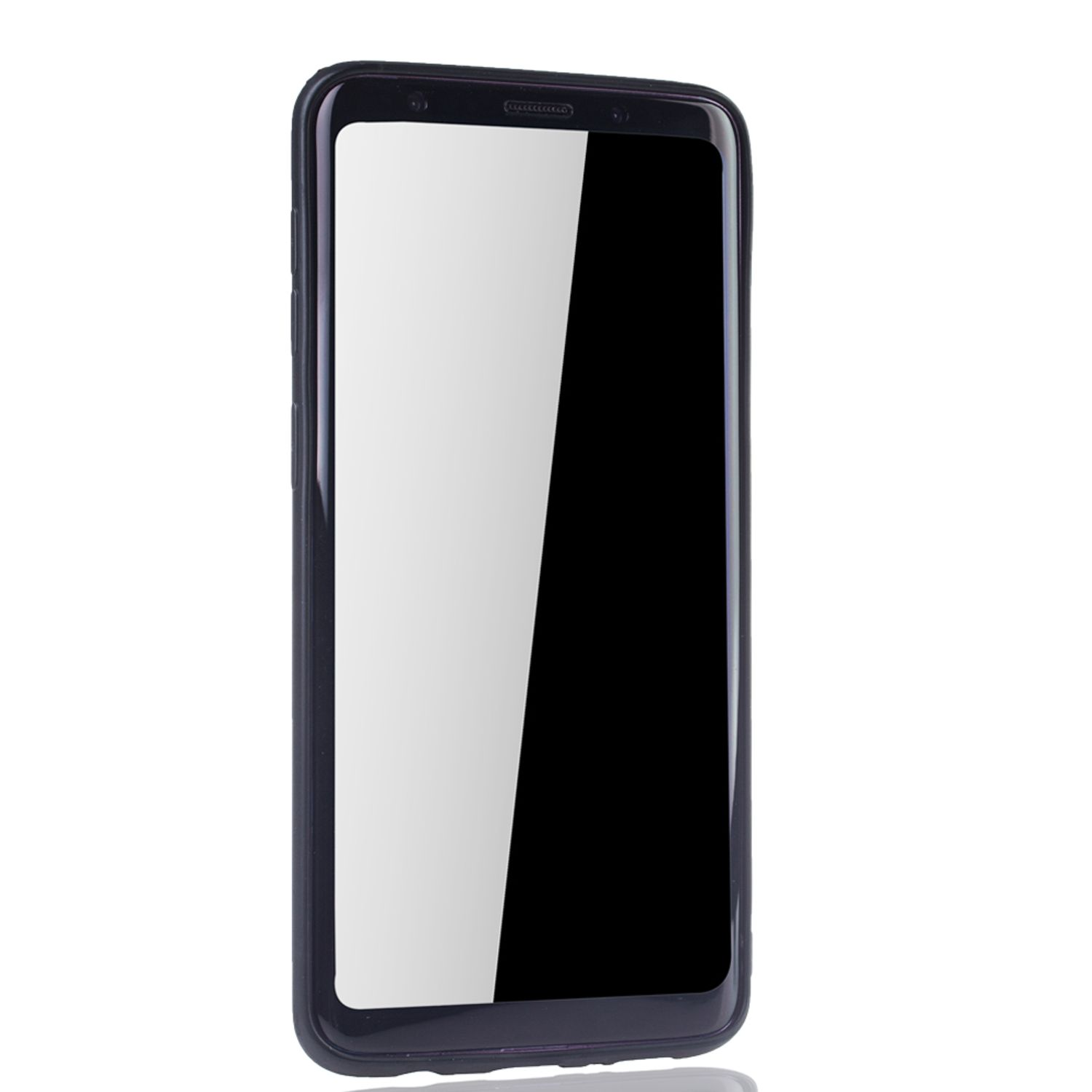 Ein schwarzes Smartphone mit hellem Bildschirm in einem schwarzen Gehäuse.
