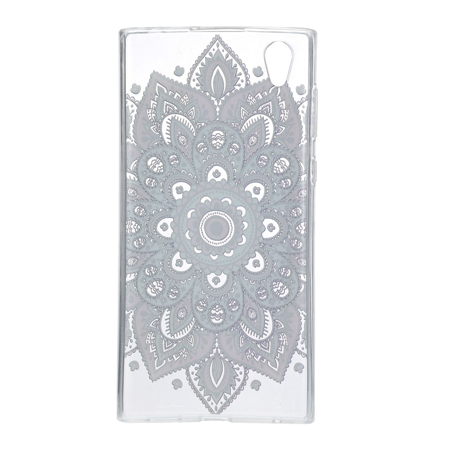Eine Handyhülle mit einem grauen Mandala-Design auf transparentem Hintergrund.