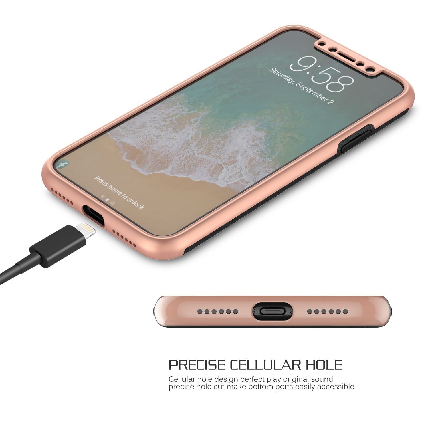 Roségoldenes Telefon mit Ladekabel, in einer Hülle, mit Ladeanschluss, auf Weiß.