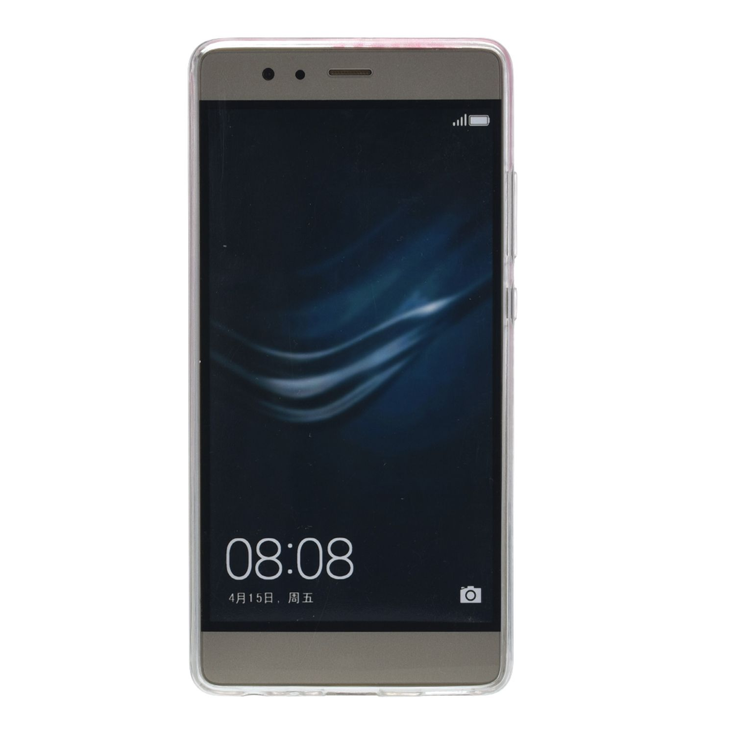 Ein Smartphone mit durchsichtiger Hülle. Der Bildschirm zeigt die Uhrzeit und einen blauen Hintergrund.
